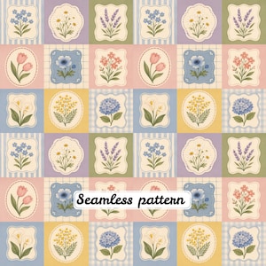 Pastel Cottage Floral Patchwork Seamless Pattern JPG, Vintage Botanical Digital Paper, Blue Pink Spring Flower Quilt Fabric Print