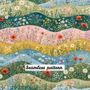 May include: A seamless pattern featuring horizontal wavy bands of various colors including green, pink, yellow, and blue. Each band is filled with detailed illustrations of wildflowers, including red poppies, white daisies, and small blue flowers.