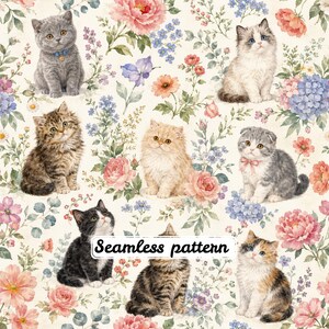 May include: A seamless pattern featuring various kittens in different colours and breeds, including grey, tabby, white, and calico, interspersed with watercolour illustrations of pink roses, blue hydrangeas, and green foliage on a cream background.