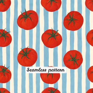 Watercolor Tomato Seamless Pattern Blue Stripe Mediterranean Kitchen Fabric Cottagecore Summer Textile Print JPG