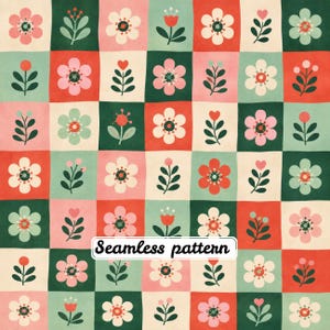 Scandinavian Folk Floral Checkerboard Seamless Pattern JPG | Retro Nordic Flower Repeat Tile Fabric Design