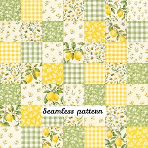 May include: A seamless pattern featuring a grid of squares with alternating designs of yellow lemons on branches, white daisies on green backgrounds, yellow and white gingham checks, and small yellow flowers with bees on cream backgrounds.