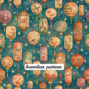 Patrón sin costuras de faroles asiáticos vintage | Faroles chinos de festival en acuarela | Azulejo de tela floral oriental con repetición
