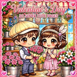 Pode incluir: Uma ilustração colorida para o Dia dos Namorados apresenta um casal de desenhos animados, um menino e uma menina, rodeados por flores. O menino segura um buquê de rosas cor-de-rosa. A imagem inclui o texto "Valentine's Day" e "30 Super Cute Pages."