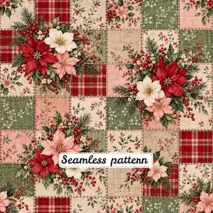 Peut inclure: Un motif sans couture composé d'une grille en patchwork de carrés à carreaux rouges et de carrés crème ornés d'illustrations de poinsettias rouges et blancs, de branches de pin vertes et de baies rouges. Le texte Seamless pattern est visible.