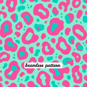 Neon Pink Mint Leopard Seamless Pattern Retro Animal Print Bold Pop Art Digital Paper JPG