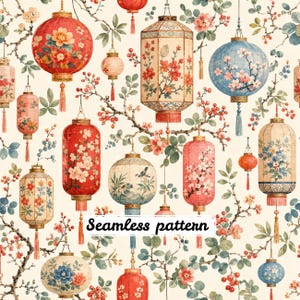 Könnte beinhalten: Ein nahtloses Muster mit verschiedenen hängenden Laternen in Rot, Blau und Creme, verziert mit Blumen- und Vogelmotiven, durchsetzt mit Zweigen voller Beeren und Blättern auf cremefarbenem Hintergrund, mit dem Text Seamless pattern.