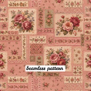 以下が含まれることがあります： くすんだピンク、クリーム、セージグリーンの長方形や正方形のパッチワークで構成された生地デザイン。大きなバラや小さな花々を含む様々なフラワーアレンジメントが描かれており、Seamless patternというテキストが中央に配置されています。