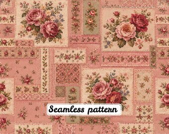 Papel digital JPG con estampado sin costuras de patchwork de rosas rosadas vintage, estilo shabby chic floral cottagecore, estilo reliquia.