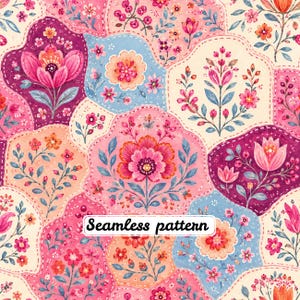 Peut inclure: Un motif sans couture composé d'un patchwork de formes festonnées remplies d'illustrations florales variées dans des tons de rose, magenta, pêche et bleu clair. Le design inclut des motifs botaniques et le texte Seamless pattern.