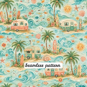 Nahtloses Muster im Vintage-Küsten-Camping-Stil | Retro-Strandcamping-Wohnmobile, Surfbretter & Palmen | Tropischer Sommerstoff | Druckbares Digitalpapier