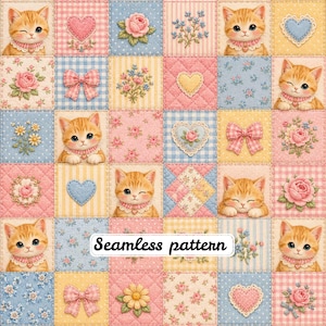 May include: A seamless pattern featuring a grid of squares with illustrations of orange tabby kittens, pink and blue hearts, roses, daisies, and gingham bows. The design includes various pastel backgrounds with floral and quilted textures and the text Seamless pattern.