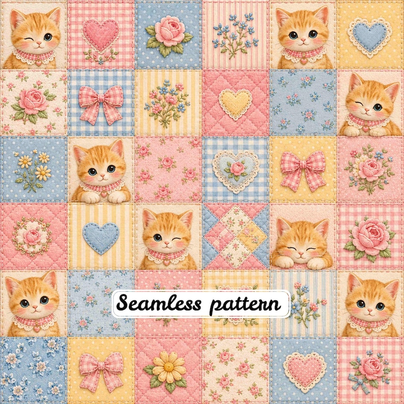 Op de afbeelding: Een naadloos patroon met een raster van vierkanten met illustraties van oranje cyperse kittens, roze en blauwe harten, rozen, madeliefjes en gingham strikken. Het ontwerp bevat diverse pastelkleurige achtergronden met bloem- en quilttexturen en de tekst Seamless pattern.