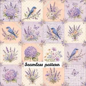 May include: A seamless pattern featuring a grid of squares with illustrations of blue birds, purple lavender bouquets, hydrangea flowers, and butterflies on backgrounds of gingham, polka dots, and solid pastel colors with the text Seamless pattern.