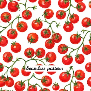 Watercolor Cherry Tomato Seamless Pattern, Hand Painted Tomato Vine Digital Paper for Fabric, Crafts and POD JPG