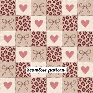 Pode incluir: Um padrão sem costuras com uma grelha de quadrados alternados. Os quadrados apresentam um estampado de leopardo rosa e castanho, fundos creme sólidos com um coração rosa, ou fundos creme com um laço desenhado a traço. O texto Seamless pattern é visível.
