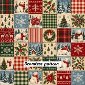Christmas Polar Bear Patchwork Seamless Pattern, Vintage Holiday Quilt, Red Green Blue Plaid, Snowflakes & Christmas Trees JPG