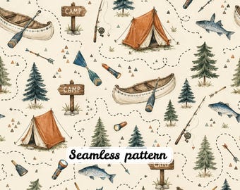 Papel digital JPG con estampado sin costuras de acuarela de una canoa, tienda de campaña y bosque rústico para acampar y pescar.
