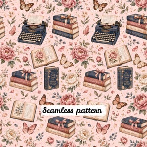 May include: A seamless pattern featuring vintage typewriters, stacks of books tied with ribbons, open books with floral illustrations, and butterflies on a light pink background. The book spines include text such as The Cozy Library and The Little Book of Happy Things.