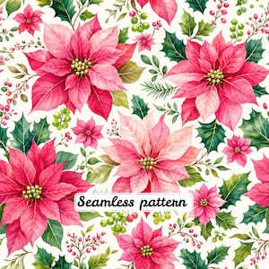 Naadloos patroon met roze poinsettia's, kerstbloemen in aquarel-stijl, katoenen quilt met botanisch thema voor de feestdagen, winterse cottagecore-print.