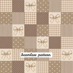 May include: A seamless pattern featuring a grid of squares in shades of beige and brown. The squares display alternating designs of white polka dots, vertical stripes, gingham checks, and small hearts, with decorative bows placed in select squares.