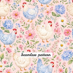 May include: A seamless pattern featuring watercolor illustrations of white and light blue chickens interspersed with pink, blue, and white flowers and green foliage on a light pink background. The text Seamless pattern is visible.