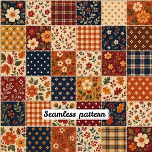 Nahtloses Patchwork-Muster mit Herbstkaromuster, Herbstblätter, rustikaler Tartan-Quilt, Cottagecore-Stil, Thanksgiving-Digitalpapier (JPG)