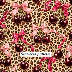 Könnte beinhalten: Ein nahtloses Muster mit dunkelroten Kirschen, gepaart mit hellrosa und magentafarbenen Satinschleifen auf einem beigefarbenen und braunen Leopardenmuster-Hintergrund. Der Text Seamless pattern steht in Schwarz auf einem weißen Etikett in der Mitte.