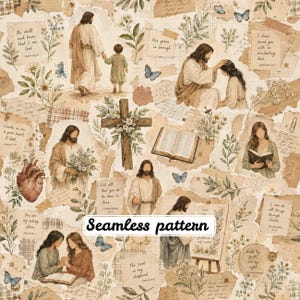 Pode incluir: Um padrão contínuo com ilustrações religiosas, incluindo figuras com túnicas, uma cruz de madeira, um livro aberto e um coração, intercalados com notas manuscritas, esboços florais e borboletas num fundo bege com textura de papel.