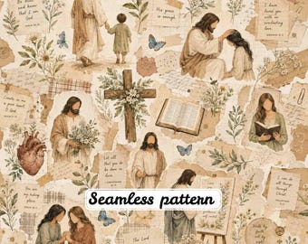 Christian Jesus Faith Collage Seamless Pattern, Vintage Bible Scripture Wildflowers Cross Inspirational Digital Paper JPG