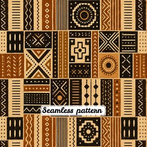 Pode incluir: Um padrão sem costuras com uma grade de blocos retangulares preenchidos com formas geométricas pretas e castanhas, incluindo círculos, ziguezagues, pontos e linhas. O texto "Seamless pattern" está impresso a preto numa etiqueta branca.