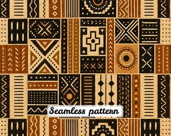 Tela africana con estampado geométrico sin costuras, estampado textil tribal bohemio, tela étnica en tonos tierra, papel digital JPG.
