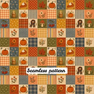 May include: A seamless pattern featuring a grid of squares with autumn-themed illustrations including pumpkins, cherry slices, candles, mushrooms, leaves, flowers, and scarves in orange, blue, green, and yellow tones with the text Seamless pattern.