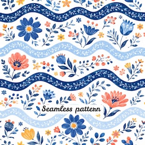 Pastel Floral Stripe Seamless Pattern JPG, Pink Flower Repeat Tile, Cottagecore Fabric Design, Blue Stripe Print