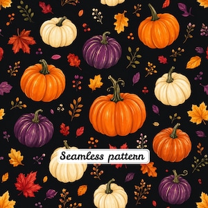 Op de afbeelding: Een naadloos patroon met oranje, witte en paarse pompoenen, afgewisseld met kleurrijke herfstbladeren en kleine bessentakjes op een zwarte achtergrond. De tekst "Seamless pattern" staat in een wit rechthoekig kader.