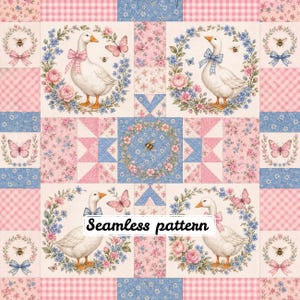 Pode incluir: Um design de tecido patchwork com gansos brancos com laços, rodeados por coroas de flores, borboletas e abelhas. O padrão inclui xadrez vichy rosa e azul, pequenas estampas florais e blocos geométricos com o texto Seamless pattern.