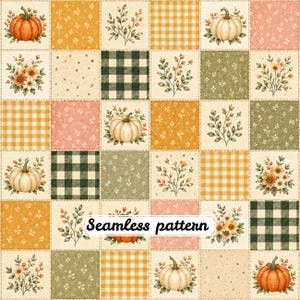 May include: A seamless pattern featuring a grid of square patches with illustrations of orange and white pumpkins, green and yellow gingham checks, floral sprigs, and small white flowers on tan, green, and pink backgrounds. Text reads Seamless pattern.