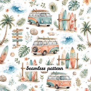 Peut inclure: Un motif répétitif composé d'illustrations à l'aquarelle de vans vintage, de planches de surf sur des supports en bois, de palmiers, de vagues, de feuilles tropicales et de panneaux en bois avec le texte Surf Camp, Beach, Good Vibes et Ocean Breeze.