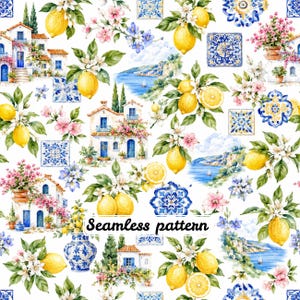 Pode incluir: Um padrão contínuo com ilustrações em aguarela de villas mediterrânicas, limões amarelos em ramos com folhas, flores brancas e cor-de-rosa, azulejos decorativos azuis e brancos e vistas costeiras com veleiros num fundo branco.