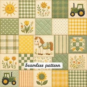 May include: A quilted fabric design featuring a grid of squares with patterns including a yellow sun, green tractors, flowers, a horse, and various geometric prints in shades of yellow, white, and green. The text Seamless pattern is centred.
