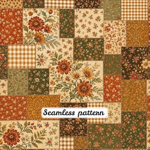 May include: A patchwork fabric design featuring a seamless pattern of squares with floral prints in shades of orange, brown, and green, interspersed with cream-colored backgrounds and brown gingham checks. The text Seamless pattern is centered.
