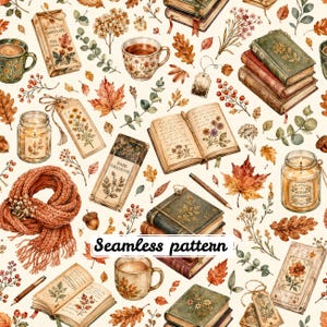 May include: A seamless pattern featuring watercolor illustrations of autumn-themed items including stacks of vintage books, mugs of warm beverages, chocolate bars labeled Chocolate 70% Cocoa and Dark Chocolate, candles, dried flowers, acorns, and a knit scarf.