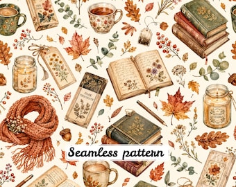 Cozy Autumn Reading Nook Seamless Pattern | Watercolor Books, Coffee, Candles, Leaves & Botanical Fall Digital Paper
