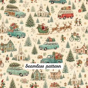 Op de afbeelding: Een naadloos patroon met vintage turquoise stationwagens, rode busjes, pick-ups, kerken, huizen, kerstbomen, rendieren met de slee van de kerstman en elfen met cadeaus op een crèmekleurige achtergrond, met de tekst Seamless pattern.