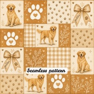 Op de afbeelding: Een naadloos patroon met illustraties van golden retriever honden, pootafdrukken, strikken met de tekst golden, hartjes en takjes op een beige en bruine patchwork achtergrond. Een wit label in het midden bevat de tekst Seamless pattern.