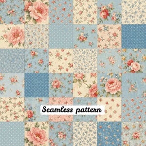 May include: A grid of square tiles featuring a seamless pattern of floral motifs and polka dots in shades of dusty blue, cream, and soft pink. The design includes various rose illustrations and small sprigs, with the text Seamless pattern.