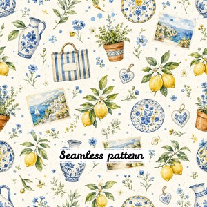 Könnte beinhalten: Ein nahtloses Muster mit Aquarellillustrationen von blau-weißen Keramikkrügen, Tellern und herzförmigen Ornamenten, gelben Zitronen an belaubten Zweigen, Topfpflanzen, gestreiften Tragetaschen und Gemälden von Küstenlandschaften.