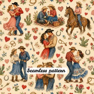 Pode incluir: Um padrão contínuo com ilustrações de estilo vintage de cowboys e cowgirls em várias poses românticas, montando cavalos e dançando. O design inclui cactos, corações, ferraduras e cordas num fundo creme com o texto Seamless pattern.