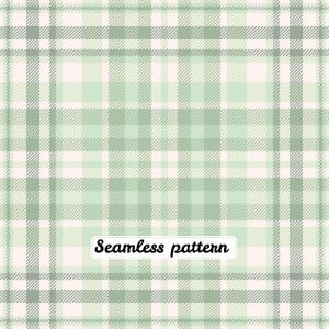 Pode incluir: Um padrão sem costuras com um design xadrez de linhas horizontais e verticais que se cruzam em tons de verde sálvia, branco e creme suave. O layout de grade repetitivo inclui detalhes de hachura diagonal. O texto Seamless pattern é visível.