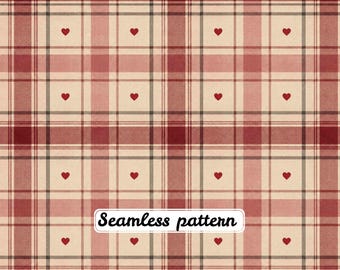 Patrón sin costuras de tartán con corazones rojos de estilo vintage romántico, papel digital rústico en crema y burdeos para San Valentín en formato JPG.